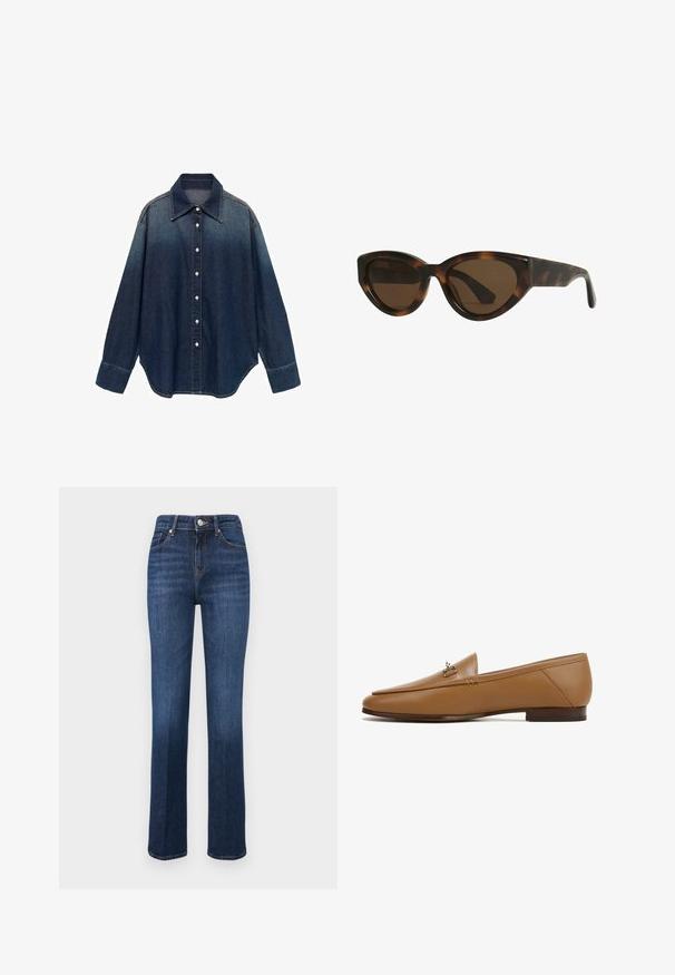 Mango Overhemdblouse - dark blue; Donkerblauwe rechte denim jeans met een gemiddelde taillehoogte, knoopsluiting en voor- en achterzakken.; Bruine leren instapper met een strak ontwerp, vlakke zool en een metallic accent aan de voorkant. Gladde textuur met scherpe lijnen en minimale details.; schildpad kattenoog zonnebril met bruine lenzen, voorzien van gladde, glanzende kunststof monturen en een slank ontwerp. Geen zichtbare logo's of accenten.; Ronde gouden hanger met een glad, reflecterend oppervlak omrand door een textuurrand met kralen en een lus voor bevestiging.