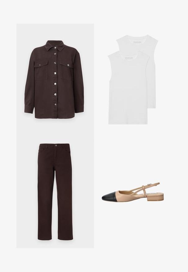 Dark brown shirt jacket made of cotton, featuring a collar, front button closure, two chest pockets, and silver buttons. Long sleeves.; Two white sleeveless T-shirts made of soft cotton fabric, featuring a rounded neckline and no visible patterns or hardware.; Brown cotton pants with a straight-leg design, two front pockets, and a button closure at the waistband. Smooth texture with no visible patterns.; Beige and black two-tone slingback shoe with a pointed toe, flat heel, and crisscross strap detail. Smooth leather texture.