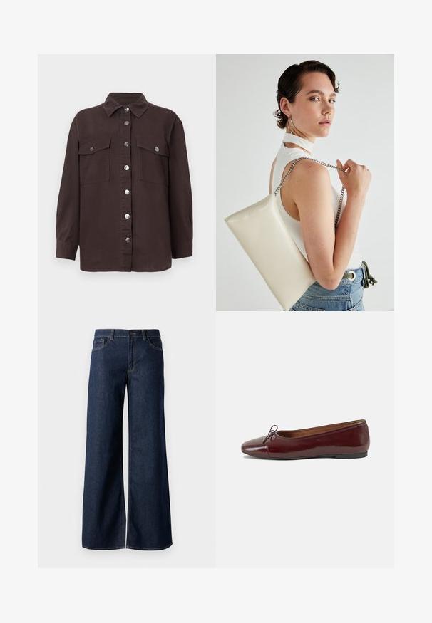 Tumši brūnas kokvilnas krekla jakas, ar apkakli, priekšējo pogu aizdari, divām krūšu kabatām un sudraba pogām. Garās piedurknes.; Platas kājas džinsi tumši zilā denima krāsā. Iespējas ir kontrastējošās vīles, piecas kabatas un pogu aizdare jostasvietā. Gluda tekstūra.; Burgundijas laku ādas baleta kurpes ar noapaļotu purngalu, nelielu loku akcentu priekšā un zemu melnu gumijas zoli. Gluda tekstūra.; Balts taisnstūra clutch soma, izgatavota no spīdīga materiāla, ar sudraba ķēdes siksnu. Modelis pozē, demonstrējot somu uz vienkārša fona.