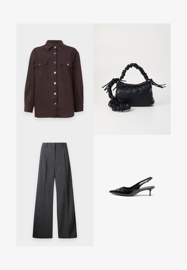Sötétbarna pamut ingdzseki, gallérral, elülső gombos záródással, két mellzsebbel és ezüst színű gombokkal. Hosszú ujjú.; Széles szárú nadrág sötétszürke anyagból, magas derekú, egyes redőkkel, sima textúrával és tiszta befejezéssel a szegélyeken.; Fekete bőrből készült, pántos magassarkú cipő hegyes orral, alacsony cicás sarokkal, és fodros részlettel a lábfején. Simább felület és minimalista design.; Fekete műbőr kézi táska krokodil bőr textúrával, összehúzható tetejű és gyűrt pánttal. Lágy és kompakt dizájnúnak tűnik.