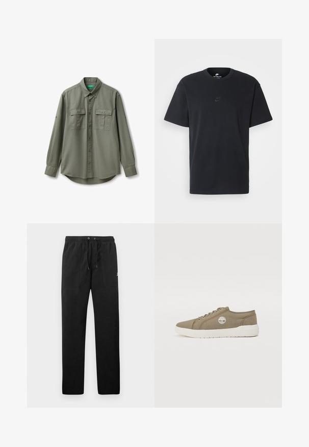 Olivově zelená košile z lehkého materiálu, vyznačující se límcem na knoflíky, dlouhými rukávy a dvěma náprsními kapsami s knoflíkovými klapkami.; Černé bavlněné tričko Nike s klasickým kulatým výstřihem, krátkými rukávy a decentně vyraženým logem na hrudi. Hladký povrch.; Černé teplákové kalhoty vyrobené z fleecu, s elastickým pasem a šňůrkami, dvěma předními kapsami a malým logem na stehně.; Plátěné tenisky v olivově zelené barvě s bílými akcenty, šněrovací design, kulatá špička a logo s motivem stromu na straně. Ploché gumové podešve.