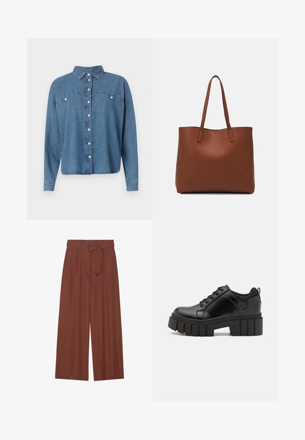 Camisa de denim azul com gola, fecho de botões à frente e mangas longas. Apresenta dois bolsos frontais e um corte relaxado.; Calças de perna larga em tecido castanho, com um cinto de fivela quadrada, design pregueado e textura suave.; Sapatos de plataforma em couro preto com um salto bloco robusto, bico redondo e design clássico de atacadores. Apresentam uma textura suave e detalhes mínimos.; Bolsa tote de couro castanho com uma textura suave, design de abertura superior e duas alças para o ombro. Apresenta costura mínima e sem hardware visível.