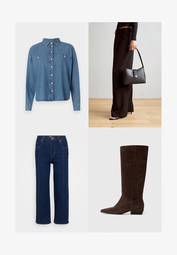 Blue denim shirt with a collared neckline, button front, and long sleeves. Features two front pockets and a relaxed fit.; Dark blue straight-leg jeans with button closure, front and back pockets, and visible orange stitching along seams.; Dark brown suede knee-high boot with a low block heel and pointed toe, shown from the side on a white background.; Black handbag with structured shape, smooth texture, and a metallic clasp. Paired with wide black pants and open-toe sandals on wooden floor.