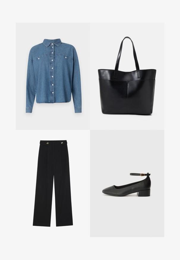 Blue denim shirt with a collared neckline, button front, and long sleeves. Features two front pockets and a relaxed fit.; Black wide-leg trousers with high waist, button details on waistband, and front pleats.; Black leather pump with a pointed toe and a low block heel. Features an ankle strap with a gold-tone buckle. Smooth texture.; Black leather tote bag with two long handles, a smooth texture, and a structured shape. Features a front pocket for additional storage.