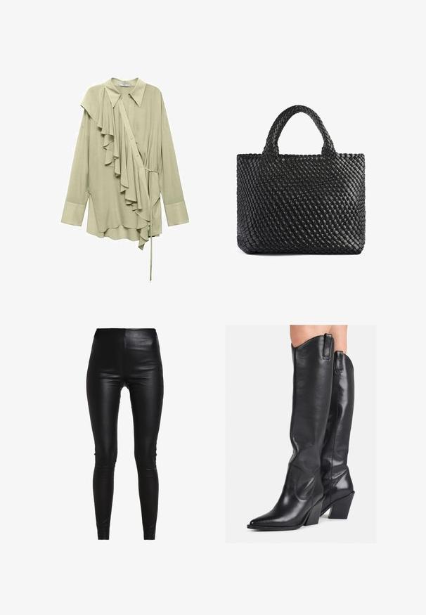 Mango Cămașă - light green; Leggings negri din imitație de piele cu talie înaltă, design aderent, textură netedă și fără cusături sau embellishe-uri vizibile.; Cizme negre din piele, până la genunchi, cu vârf ascuțit, ioni curbat și toc masiv. Au o textură netedă și bucle pentru a fi trase pe sus.; Geantă de umăr împletită neagră cu două mânere, având o suprafață texturată și o formă rectangulară. Design simplu și unic, fără hardware vizibil.