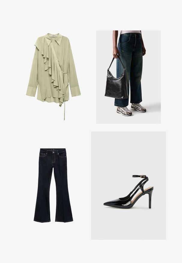 Mango Skjortebluser - light green; Mørkeblå denim jeans med høj talje, forlommer og brede, flagrende ben, udstillet fladt på en hvid baggrund.; Sorte laklæder højhælede slingback-sko med spids tå, justerbar ankelrem og åben sider. Glat tekstur.; Sort læder skuldertaske med en glat tekstur og justerbar skulderrem, parret med faded brede bukser og atletiske sneakers.