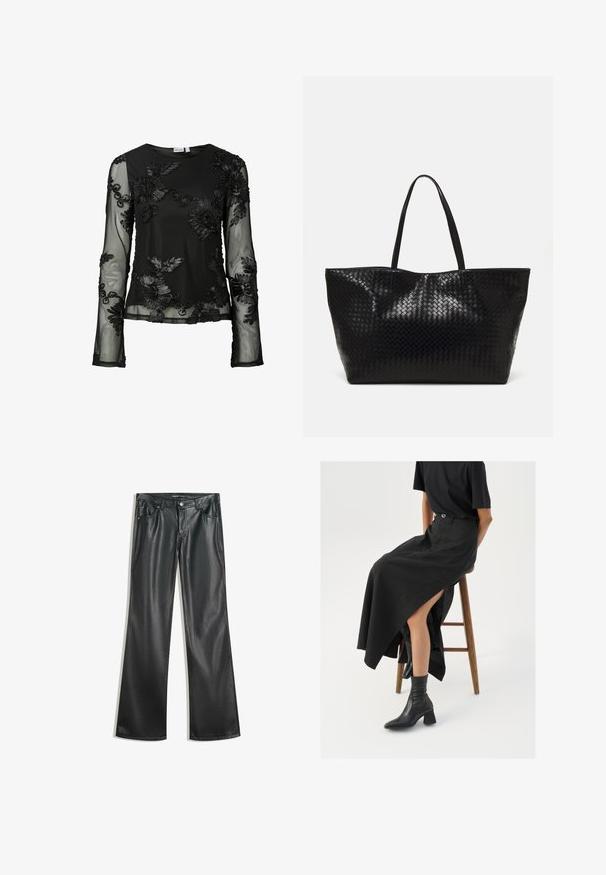 Schwarzes Oberteil mit langen, transparenten Ärmeln und aufwendiger Blumenstickerei; weiche Textur, Rundhalsausschnitt und figurbetontes Design.; Schwarze Kunstleder-Hose mit weitem Bein, glatter Textur, Fünf-Taschen-Design, Frontreißverschluss und kontrastierenden Nähten.; Schwarzer Leinen-Maxi-Rock mit hohem Schlitz, getragen mit einem schwarzen T-Shirt und schwarzen Knöchelstiefeln. Minimalistisches Design mit lockerer Passform.; Schwarze geflochtene Tragetasche mit zwei stabilen Griffen, die eine glänzende Textur und ein geräumiges offenes Design bietet.