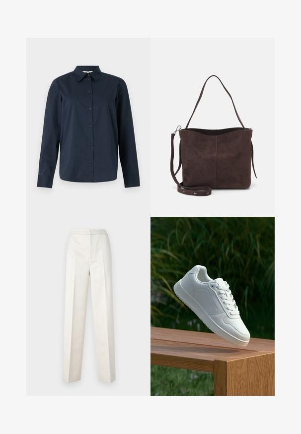 Camisa de botão de mangas longas azul-escuro, feita de algodão, com colarinho clássico, fecho frontal com botões e linhas simples e limpas.; Dois tops de algodão em branco e preto. Cada um tem um decote profundo e alças finas, apresentando uma textura suave e macia.; Calças creme com um corte ajustado, apresentando perna reta, tecido suave, pregas frontais e barra limpa. Design minimalista.; Sapatilha branca com um cabedal sintético liso, caixa dos dedos perfurada, atacadores planos e uma sola texturizada, exposta sobre uma superfície de madeira.; Saco tote em camurça castanha com uma textura suave, apresentando uma única alça de ombro e uma abertura superior levemente curvada. Sem detalhes de hardware visíveis.