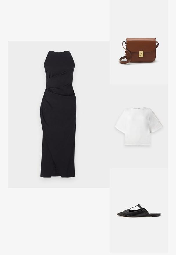 Bílý top s krátkým rukávem a kulatým výstřihem, na rukávech zdobený krajkou. Vyrobený z hladkého materiálu, s mírně zkráceným střihem.; Marella ELEGIA - Koktejlové šaty / šaty na párty - nero; Černé kožené slingback boty se špičatou špičkou, s tkaným akcentem a plisovaným designem svršku. Plochá podešev s minimálním kovovým zapínáním.; Hnědá kožená kabelka s klopou, zlatými kovovými detaily, ramenním popruhem a hladkým povrchem. Kompaktní obdélníkový tvar.