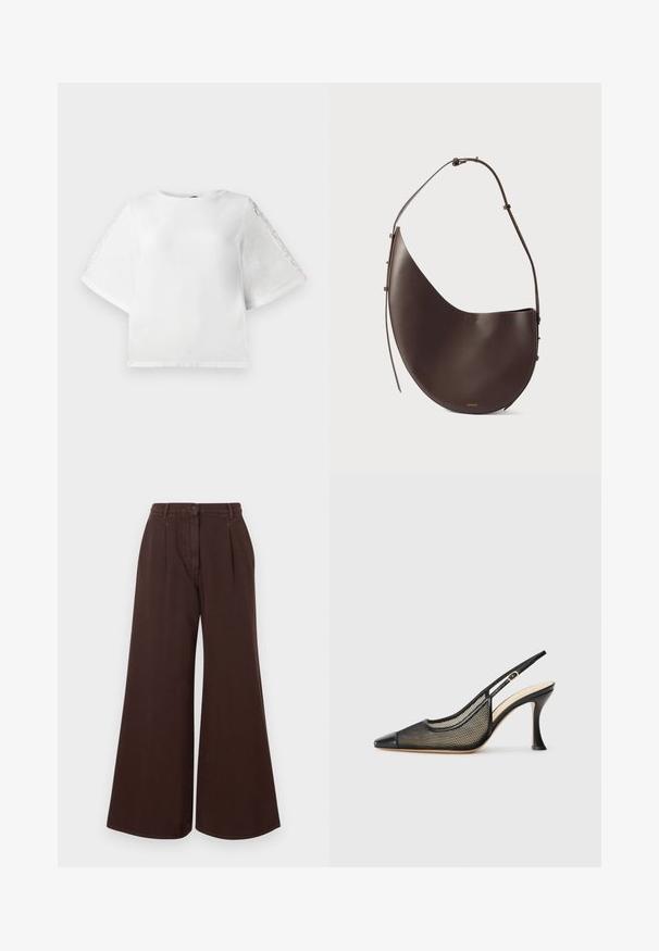 Biała bluzka z krótkim rękawem, z okrągłym dekoltem i koronkowymi akcentami na rękawach. Wykonana z gładkiego materiału, z lekko skróconym krojem.; Brązowe spodnie z wysokim stanem i szerokimi nogawkami, z zapięciem na guzik i zamek błyskawiczny, szlufkami na pasek oraz plisami z przodu.; Czarne sandały na obcasie z odkrytym piętą, z ostrym noskiem, siateczkowymi detalami i gładką skórzaną nakładką. Kolory obejmują czarne i beżowe akcenty.; Brązowa skórzana torebka o zakrzywionym kształcie, z jedną rączką i minimalistycznym designem. Posiada subtelne logo oraz złote akcenty.