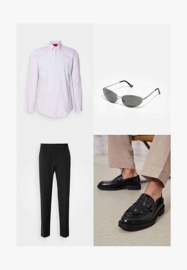 Lichtpaarse langemouwen shirt met een button-down kraag, gemaakt van een soepele stof, met witte knopen en een rood logo op de binnenkraag.; Zwarte broek van gladde stof, met rechte pijpen, een knoopsluiting en een klassiek ontwerp dat geschikt is voor zowel formele als casual gelegenheid.; Zwarte leren loafers met een gladde afwerking, voorzien van een decoratieve band en contrasterende stiksels, gecombineerd met beige broeken.; Zonnebril met een slank, zilveren metalen frame, grijs getinte lenzen en een aerodynamisch ontwerp met puntige randen en dunne pootjes.