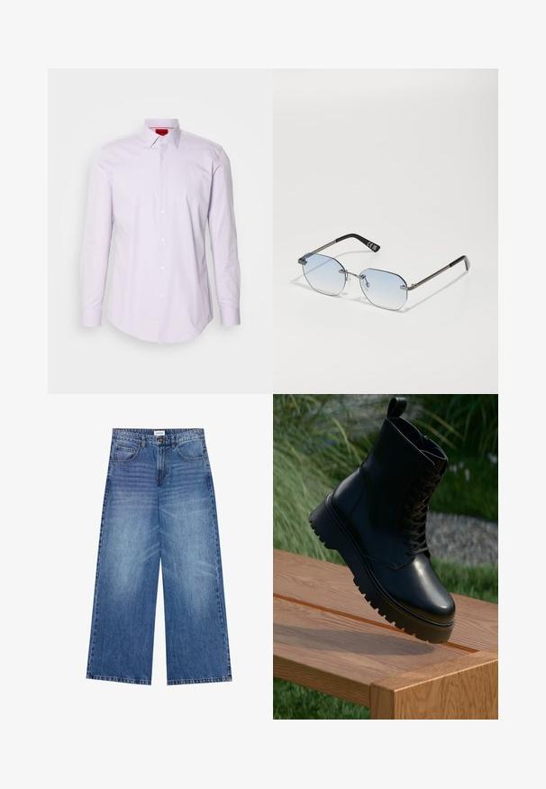 Világoslila, hosszú ujjú ing, gombos gallérral, sima anyagból készült, fehér gombokkal és piros logóval a belső galléron.; Világoskék farmer széles lábú nadrág, gombos záródással, négy zsebbel és enyhén kopott textúrával az anyagon.; Fekete bőr bokacsizma texturált felülettel, fűzős elejével és vaskos, bordázott talpával. Fából készült felületen, fű háttérrel kiemelve.; Privé Revaux TRACK STAR UNISEX - Napszemüvegek - grey
