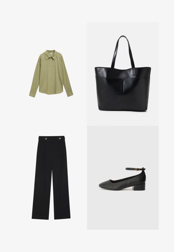 TOM TAILOR DENIM DOT STRUCTURE - Nööpidega pluus - greyish green; Mustad laiad püksid kõrge vöökoha ja nööpdetailidega vööandil, esikortsudega.; Must mustaapp, millel on terav nina ja madal blokk-kand. Omab pahkluu rihma koos kuldse tooni pandlaga. Sile tekstuur.; Must mustaga musta nahast, millel on kaks pikka kanda, sile tekstuur ja struktureeritud kuju. Esipoolsel on lisakoti jaoks tasku.