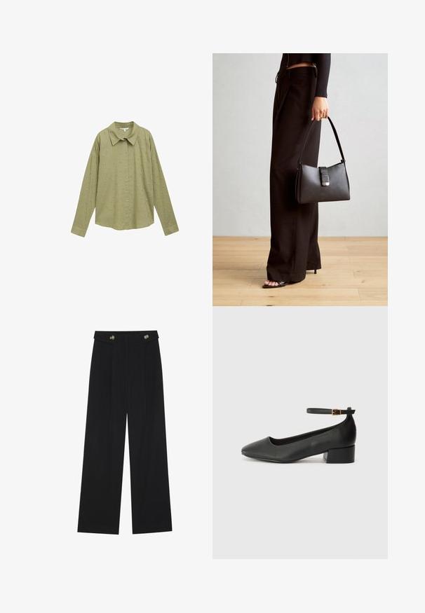 TOM TAILOR DENIM DOT STRUCTURE  - Paitapusero - greyish green; Mustat leveälahkeiset housut, joissa on korkea vyötärö, napit vyötärönauhassa ja etupuolella laskokset.; Mustat nahkakengät, joissa on terävä kärki ja matala lohkare korko. Varustettu nilkkahihnalla, jossa on kultasävyinen solki. Lisää sileä pinta.; Musta käsilaukku, jossa on rakenteellinen muoto, sileä pinta ja metallinen solki. Yhdistetty leveisiin mustiin housuihin ja avonaiheisiin sandaaleihin puulattialla.