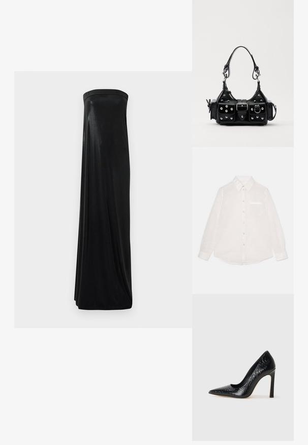 Valkoinen pitkähihaisessa paidassa on tekstuuri, napit edessä, kaulus, yksi rintatasku ja kiiltävä pinta.; Mustat olkaimeton maksimekko, joka on valmistettu sileästä ja kiiltävästä kankaasta. Mekossa on istuva yläosa ja kenttä, joka laskeutuu lattiaan ilman koristeita.; Musta kapea nilkkakorkokenkä krokotiilin nahkakuviolla, joka on varustettu tyylikkäällä muotoilulla, korkealla stiletto-korkealla ja sileällä mustalla sisäosalla.; Musta nahkainen käsilaukku, jossa on kaareva muotoilu, hopeiset niitit, solki ja kaksi sivutaskua. Säädettävä olkahihna erilaisiin kantovaihtoehtoihin.