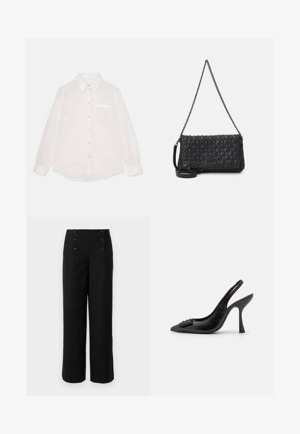 Cămașă alba cu mânecă lungă, cu un model texturat, cu nasturi la față, guler, un buzunar pe piept și un finisaj lucios.; Pantaloni negri cu croială largă, realizați dintr-un material neted, cu talie înaltă și cinci nasturi în față pentru închidere. Design elegant, croi ajustat.; Pantofii slingback din piele neagră, cu vârf ascuțit, toc subțire și un accent decorativ sub formă de fundiță. Textură netedă și design elegant.; Geantă din piele matlasată neagră cu un brâu de lanț, având accente cu cranii și închidere cu fermoar. Suprafață texturată cu un finisaj lucios.