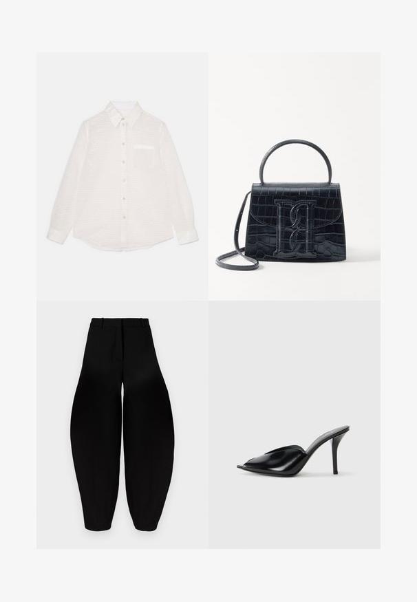 Balta garenā piedurkņu krekls ar teksturētu rakstu, pogu aizdare priekšā, apkakli, vienu krūšu kabatu un spīdīgu apdari.; Melnbra plaša kāju bikses ar augstu jostasvietu, gludu priekšpusi un sašaurinātiem potītes daļām. Izgatavotas no gludas auduma ar matētu apdari.; Melnas ādas augstpapēžu mūlas ar atvērtu purngalu, vērptu dizainu, gludu tekstūru un šauru stilletu papēdi.; Melnas krokodila rakstā izgatavota ādas rokassoma ar strukturētu dizainu, augšējo rokturi, regulējamu siksnu un izteiktu priekšējo logotipa detaļu.