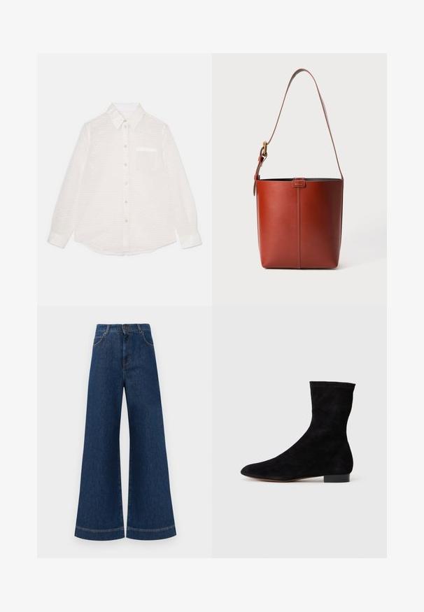 Bílá košile s dlouhým rukávem a texturovaným vzorem, zapínání na knoflíky vpředu, límec, jedna náprsní kapsa a lesklý povrch.; Široké modré džíny s vysokým pasem, se zapínáním na knoflík, poutky na opasek a jemnými stehy podél kapes a lemů.; Černá nubuková kotníková bota s úzkým svrškem, špičatou špičkou a nízkým blokovým podpatkem. Hladká textura a minimalistický design, vhodné pro všestranné styling.; Hnědá kožená kabelka ve tvaru kbelíku s nastavitelným ramenním popruhem a zlatým přezkovým zapínáním, jednoduchý vertikální šev na přední straně.