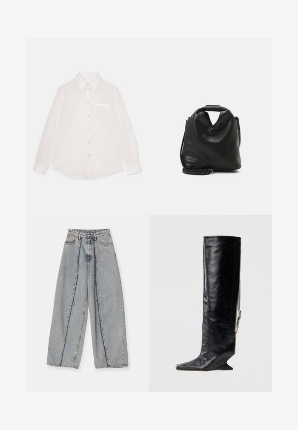 White long-sleeve shirt with a textured pattern, button-down front, collar, single chest pocket, and shiny finish.; Light blue wide-leg jeans with frayed edges, a high waist, and contrasting seams. Made of denim, showcasing a relaxed fit and minimal distressing.; Knee-high black leather boot with a pointed toe, unique wedge heel, and side chain accent. Smooth texture with a glossy finish.; Black, soft leather bag with a unique twisted design. Features a short handle and a detachable shoulder strap. Minimalist style.