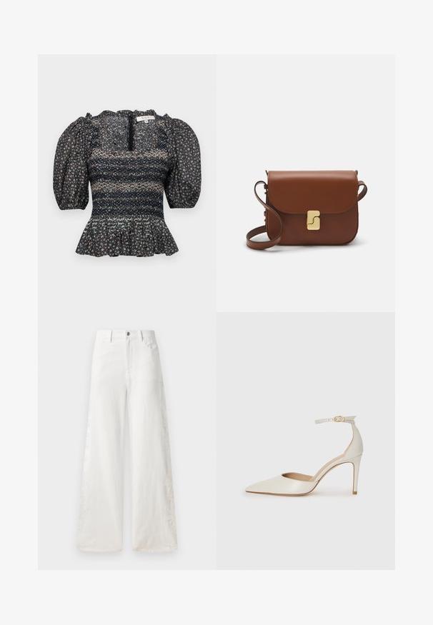 Black floral blouse with puffed sleeves, smocked bodice, and ruffled hem. Features a zipper closure at the back and textured fabric design.; White wide-leg jeans made of denim featuring side embroidery patterns and traditional five-pocket design. Zipper closure with a button.; White leather high-heeled shoe with a pointed toe, ankle strap, and a slim stiletto heel. Smooth texture with subtle glossy finish.; Brown leather handbag with a flap closure, gold-tone hardware, a shoulder strap, and a smooth texture. Compact rectangular shape.