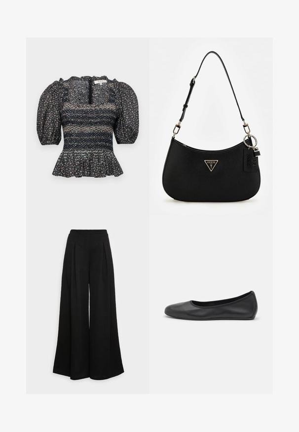 Fekete virágmintás blúz puffos ujjakkal, gyűrt melltartóval és fodros szegéllyel. Hátul cipzáras záródása van és textúrált anyagból készült.; Széles lábszárú fekete nadrág, puha anyagból készült, elülső redőkkel és magas derékkal, amely biztosítja a könnyed, légies sziluettet.; Fekete bőr balettcipő lekerekített orral, sima tekstúrával, minimális varrással és rugalmas talp kialakítással.; Fekete szintetikus válltáska ívelt sziluettel, texturált kivitelezéssel, arany háromszög logóval és levehető kiegészítőkkel.