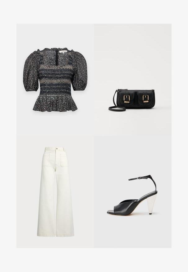 Schwarze Bluse mit Blumenmuster, gepufften Ärmeln, gerafftem Mieder und Rüschensaum. Verfügt über einen Reißverschlussverschluss auf der Rückseite und ein strukturiertes Stoffdesign.; Weite Jeans aus off-white Denim. Hoch tailliertes Design mit Knopfverschluss, zwei Fronttaschen und kontrastierenden Stickdetails.; Schwarze Leder-Hochzehen-Sandale mit offener Zehe, asymmetrischem Design, Knöchelriemen und metallic kegelförmigem Absatz. Glatte Textur über das gesamte Produkt.; Schwarze Leder-Umhängetasche mit zwei vorderen Taschen, goldenen Schnallen, Reißverschluss und einem schmalen Tragegurt. Texturierte Oberfläche und kompakte rechteckige Form.