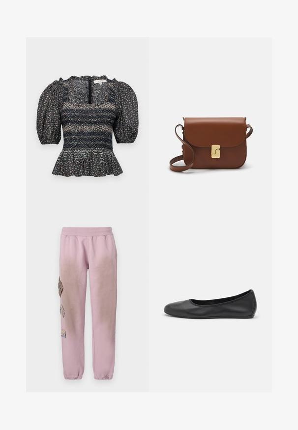Musta kukallinen paita, jossa on puffihihat, karkea yläosa ja röyhelöhelma. Takana on vetoketjukiinnitys ja tekstuuriaines.; Vaaleanpunaiset hikoiluhousut, joissa on joustava vyötärö, ja vasemmalla puolella koristeellisia timantinmuotoisia alueita, sekä joustavat hihnat nilkoissa.; Musta nahkainen ballerina, jossa on pyöristetty kärki, sileä pinta, minimaalinen ommelkoristelu ja joustava pohjamuotoilu.; Ruskea nahkainen käsilaukku, jossa on läppäkiinnitys, kultasävyiset yksityiskohdat, olkahihna ja sileä pinta. Kompaktin suorakaiteen muotoinen.