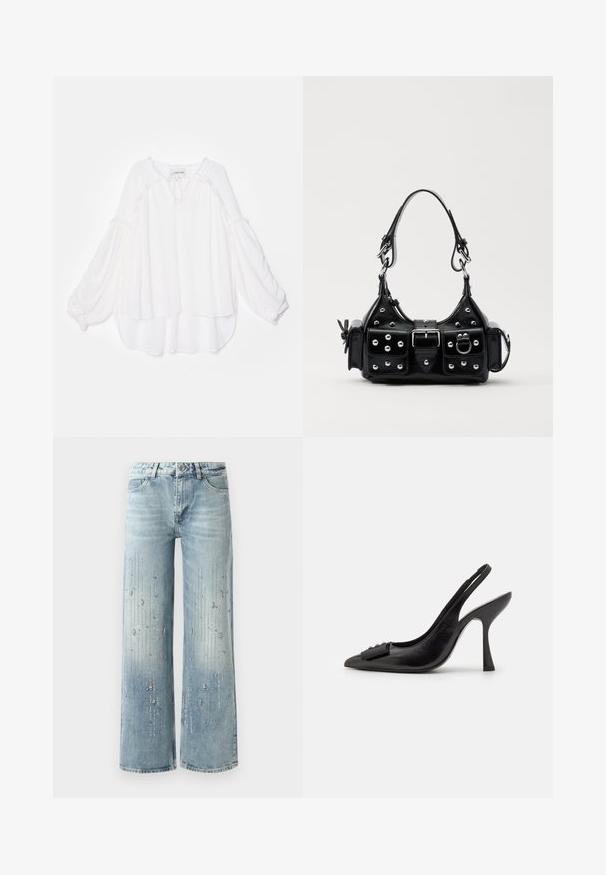 Biała bluzka o luźnym, warstwowym designie. Posiada długie, zwiewne rękawy oraz teksturowane wykończenie wzdłuż dekoltu i hemu. Miękka tkanina.; Jasnoniebieskie dżinsy typu wide-leg wykonane z denimu, z gradientowym efektem kolorystycznym i ozdobami z srebrnych cyrkonii w pionowym wzorze.; Czółenka na obcasie z czarnej skóry z odkrytym piętą, o ostrym nosku, smukłym wysokim obcasie i dekoracyjną kokardą. Gładka tekstura i elegancki design.; Czarna skórzana torebka w zakrzywionym kształcie, z srebrnymi ćwiekami, klamrą i dwoma bocznymi kieszeniami. Regulowany pasek umożliwiający różne opcje noszenia.