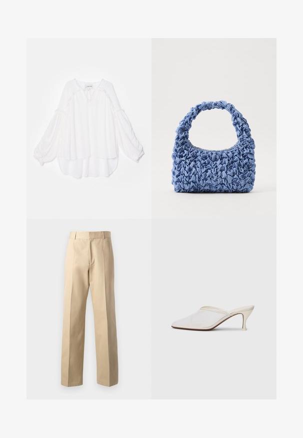 Bílá halenka s volným, vrstveným designem. Má dlouhé, vzdušné rukávy a texturovaný lem kolem výstřihu a spodního okraje. Měkká tkanina.; Béžové kalhoty na míru se střihem rovného nohavice, mají hladkou texturu, centrální přední záhyby a klasický pas.; Bílé síťované psací muly s špičatou špičkou, štíhlým středně vysokým podpatkem a designem na nazouvání na jednobarevném pozadí.; Modrá látková kabelka s nabíranou strukturou a silným, volánkovým uchopem. Obsahuje jemné pruhované vzory po celém povrchu. Kompaktní obdélníkový tvar.
