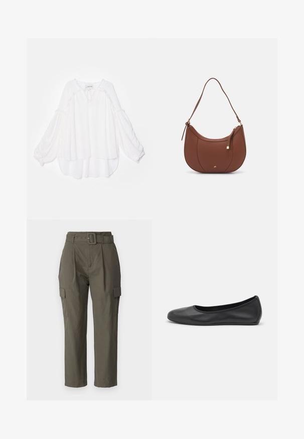 Blusa bianca con un design largo e stratificato. Caratterizzata da maniche lunghe e ampie e un bordo testurizzato lungo il collo e l'orlo. Tessuto morbido.; Pantaloni cargo verde oliva, realizzati in tessuto leggero. Le caratteristiche includono una vita con cintura, pieghe frontali e tasche laterali con chiusure a patta.; Pantofole da balletto nere in pelle con punta arrotondata, texture liscia, dettagli di cucitura minimi e design con suola flessibile.; Borsa a spalla in finta pelle marrone con forma curvata, cuciture minime e un accento in metallo dorato. Presenta una chiusura con zip superiore e una tracolla regolabile.