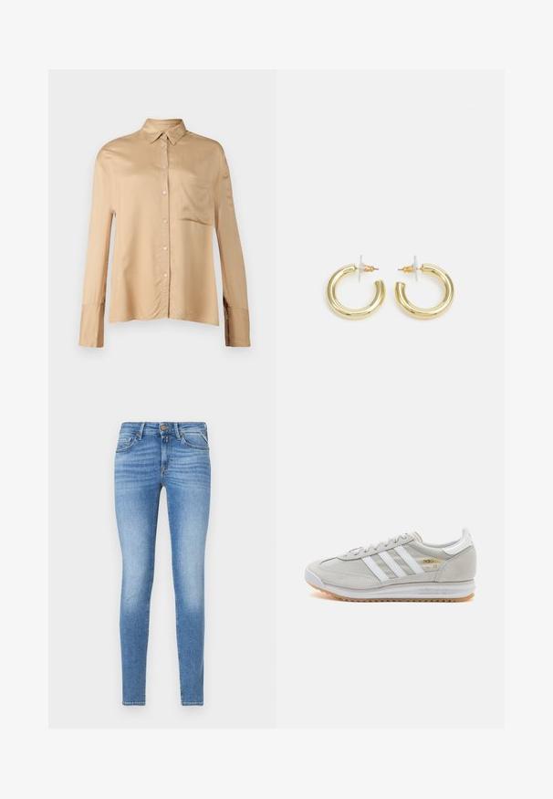 Beige silk shirt with a buttoned front, collared neckline, and a single chest pocket. Long sleeves feature buttoned cuffs. Smooth texture.; Slim-fit light blue denim jeans with mid-rise waist, front button, and five-pocket design.; Light grey sneaker made of suede and mesh, featuring three white stripes, round toe, and a gum rubber sole. Gold logo accent near laces.; Gold hoop earrings with a smooth, shiny finish. Circular design featuring a small post and clear backing for secure wear.