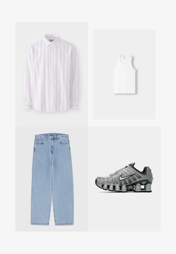 Hosszú ujjú, világos rózsaszín és fehér függőleges csíkos ing. Kiemelkedő gallérral és gombos záródással készült, pamut anyagból.; Fehér pamut ujjatlan felső kerek nyakkivágással, széles vállpántokkal és egyenes szegéllyel, sima textúrával, látható minták nélkül.; Világoskék farmernadrág egyenes szárú kivitelben, közepes derékkal, öt zsebbel, gombos és cipzáros záródással.; Szürke és fekete Nike futócipő, látható rugós párnázással a talp alatt és fehér swoosh logóval az oldalon.