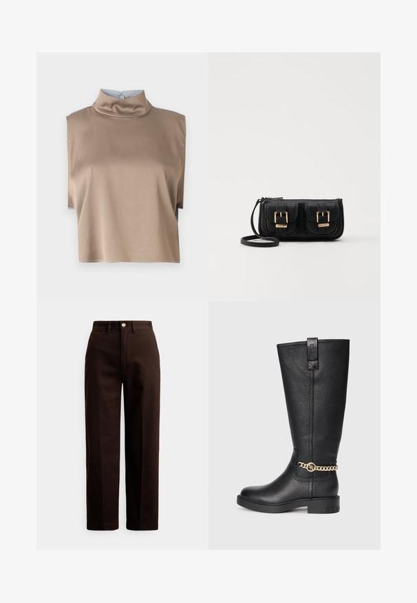 Top scurt din material neted, de culoare taupe, cu guler înalt și mâneci scurte, având închidere cu buton la spate și tiv curat.; Pantaloni maro închis cu croială dreaptă, cu nasture și fermoar, cu bucle pentru curea și buzunare frontale, pe un fundal alb.; Botă din piele neagră, până la genunchi, cu un finisaj texturat, având un accent decorativ din lanț auriu și o talpă plată din cauciuc.; Geantă neagră din piele, tip crossbody, cu două buzunare frontale, catarame aurii, închidere cu fermoar și o curea subțire. Suprafață texturată și formă rectangulară compactă.