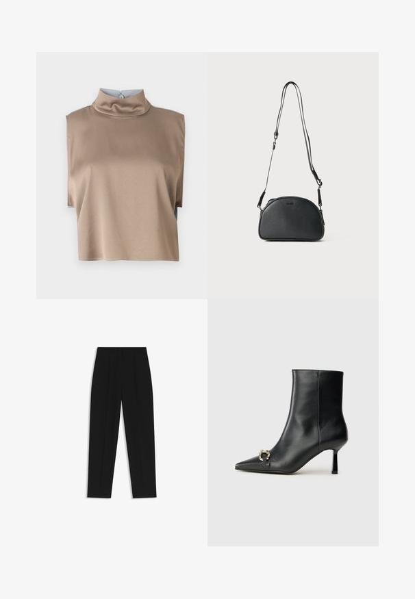 Gekürztes Oberteil aus glattem, taupefarbenem Stoff mit hohem Kragen und kurzen Ärmeln, ausgestattet mit einem Knopfverschluss im Rücken und sauberen Saum.; Schwarze Hose mit geradem Schnitt, doppelten Falten, einer glatten Textur und einem klassischen Bunddesign. Keine sichtbaren Beschläge oder Akzente.; Schwarze Leder-Stiefelette mit spitzer Zehe, schlankem, mittelhohem Absatz und silberner Schnalle seitlich vor einem schlichten Hintergrund.; Schwarze Leder-Umhängetasche mit runder Form, zwei verstellbaren Trägern und einem dezenten Logo auf der Vorderseite. Strukturierte Außenseite, minimalistisches Design.