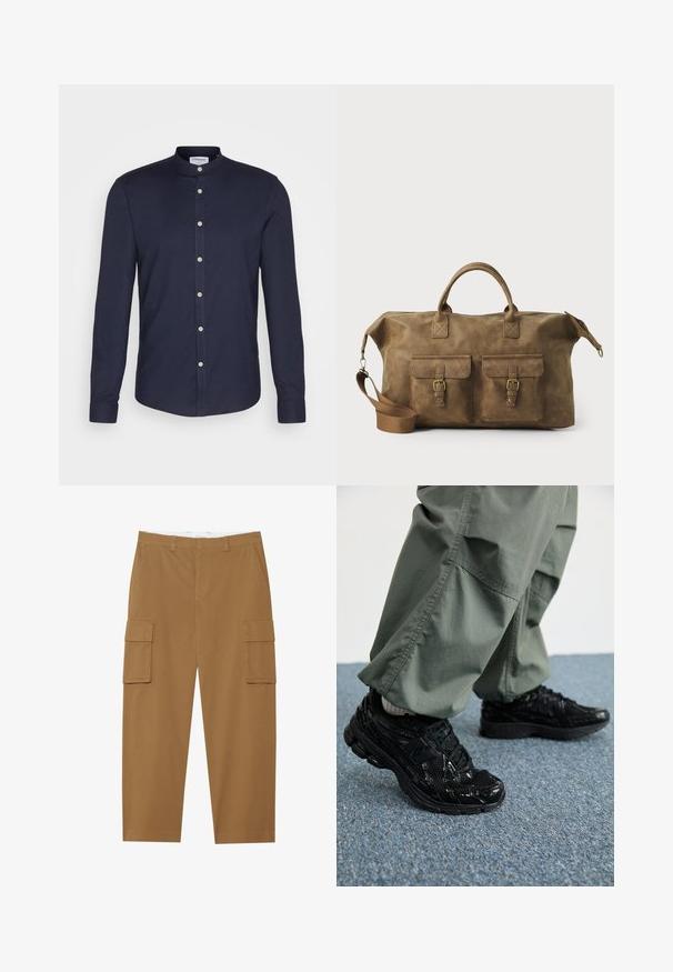 Sötétkék, hosszú ujjú ing bandázott gallérral, elöl gombos záródással és két gombos mandzsettával. Simább, textúrájú anyagból készült.; Barna cargo nadrág, két oldalsó zsebbel, sima elülső résszel és egyenes szabással. Tartós anyagból készült, sima textúrával.; Fekete sportcipők fényes és hálós textúrával, vastag talppal és fűzővel, laza olívazöld cargo nadrággal párosítva.; Barna bőr utazótáska, két elülső zsebbe, állítható vállpánttal, arany színű részletekkel és masszív felső fogantyúkkal. Sima felület.