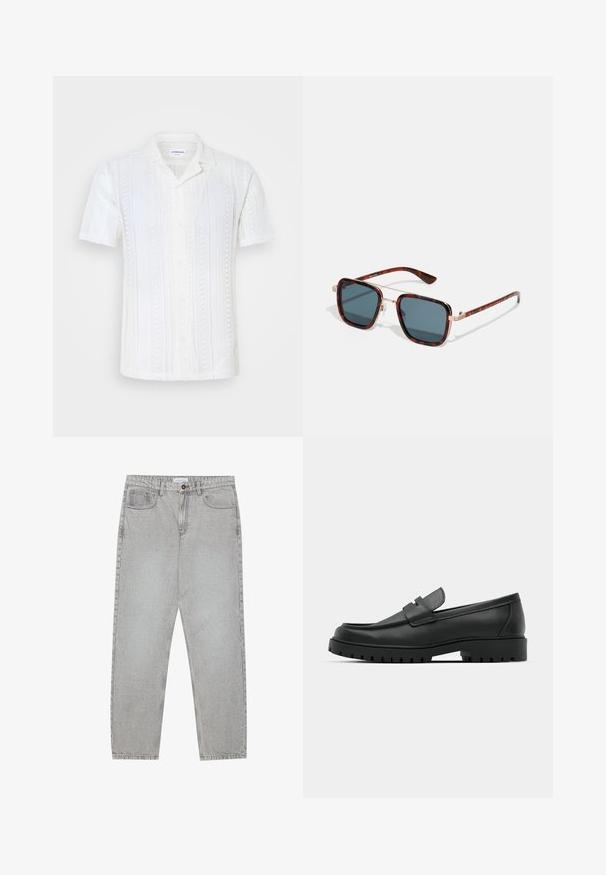 Valkoinen lyhythihainen paita, joka on valmistettu teksturoidusta neulekankaasta. Siinä on leiri-kaulus, nappisuljenta ja pystysuora raitakuosi.; Vaaleanharmaat farkut, joissa on suora lahje, viisi taskua ja nappisulku. Saumojen varrella näkyvä ompelu.; Musta nahkaloafers, joissa on pyöreä kärki, ommeltu pinta, matala alusta ja kuvioitu, kuminen ulkopohja.; Silmoglassit, joissa on tummanharmaat linssit, neliön muoto, kultaiset metallikoristukset ja hoikat templet, joissa on erottuva raitaviimeistely.