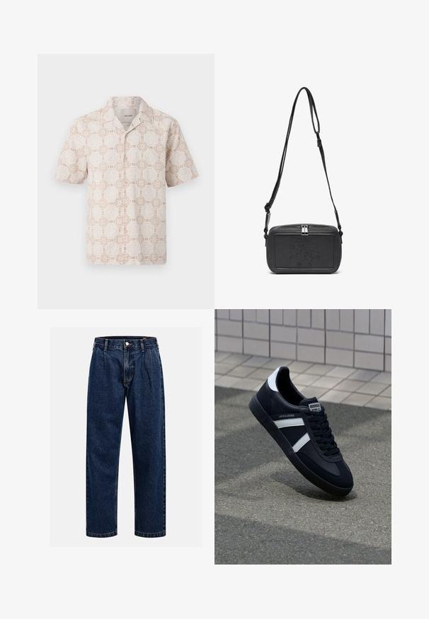 Lyhythihainen paita vaaleassa beessissä, jossa on kermaista kukkageometria-kuviota. Varusteena on pistekaulus ja rento leikkauksen muotoilu.; Tummansininen farkkushortsit suoralla lahkeella. Ominaisuuksiin kuuluvat näkyvät saumat, napitus ja etulaskokset lisäyksinä.; Mustat nahkakengät valkoisilla raidoilla, teksturoitu kumipohja ja nauha edessä. Varustettu merkkitarralla kielen päällä.; Musta nahkainen olkalaukku vetoketjulla, etuosassa kohoamalla painettu logo ja säädettävä hihna. Sujuva pinta ja suorakulmainen muoto.