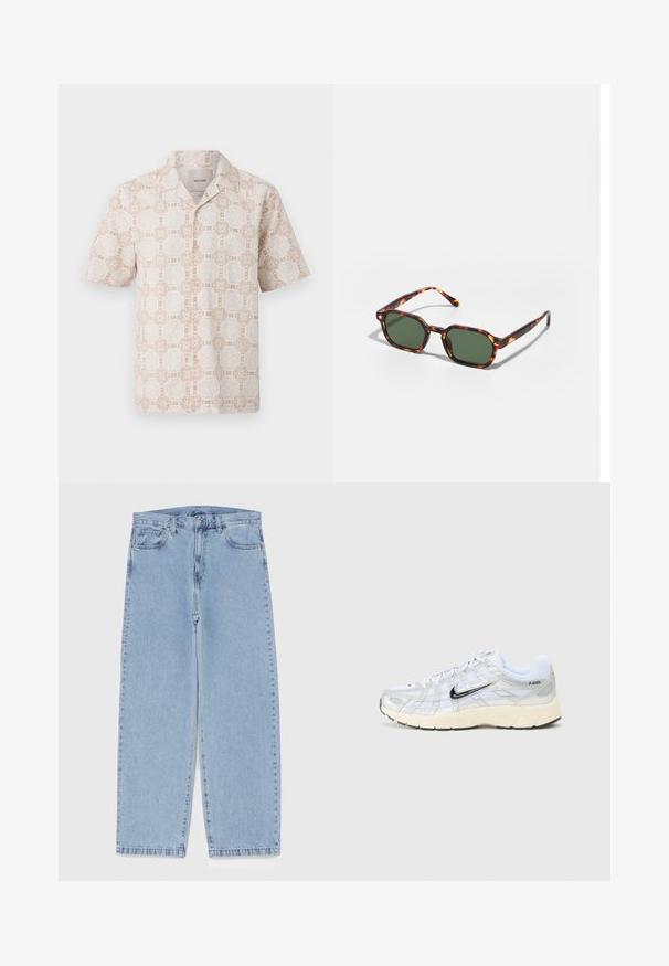 Krátký rukáv košile v světle béžové barvě s květinovým geometrickým vzorem v krémové barvě. Má límeček a uvolněný střih.; Světle modré džíny s rovnými nohavicemi, středním pasem, pěti kapsami a zapínáním na knoflík a zip.; Bílé síťované tenisky se stříbrnými detaily, černým logem Nike, polstrovaným límcem a texturovanou podrážkou. Mají vrstvený design pro větší stabilitu.; Kočičí brýle v barvě želvoviny se zelenými skly, s osmiúhelníkovým tvarem a úzkými, zakřivenými stranami. Materiál má lesklý povrch.