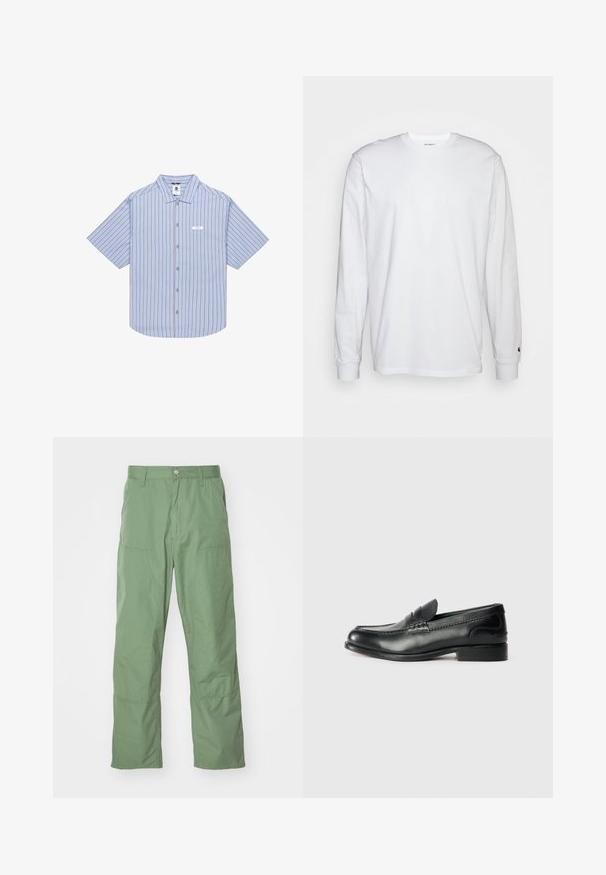 Kurzarm-Hemd mit Knopfleiste in Hellblau mit roten vertikalen Streifen, ausgestattet mit einem strukturierten Kragen und einem kleinen Etikett auf der linken Brust.; Weißes Langarm-T-Shirt aus Baumwolle. Rundhals-Design mit gerippten Bündchen und kleinem Logo auf dem linken Ärmel. Glatte Textur.; Hellgrüne, lässige Hose mit glatter Textur, ausgestattet mit Seitentaschen und sichtbaren Nähten. Vollständig lang mit geradem Bein.; Schwarze Lederloafers mit glatter Oberfläche, gesteppten Details über dem Vorderblatt und einem leicht erhöhten Absatz.