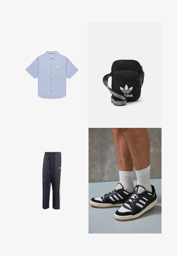 Košile s krátkým rukávem v světle modré barvě s červenými svislými pruhy, se strukturovaným límcem a malou etiketou na levé části hrudi.; Černé sportovní kalhoty s leopardím vzorem, obsahující bílý design se třemi pruhy a logo sportovní značky na boku.; Černobílé tenisky s vrchní částí z semišové a kožené kůže, včetně tří bílých pruhů, perforovaného špičky a podrážky z gumy.; Černá crossbody taška z látky se zipovým uzávěrem, obsahující bílé logo Adidas a pruhovaný nastavitelný popruh pro snadné nošení.