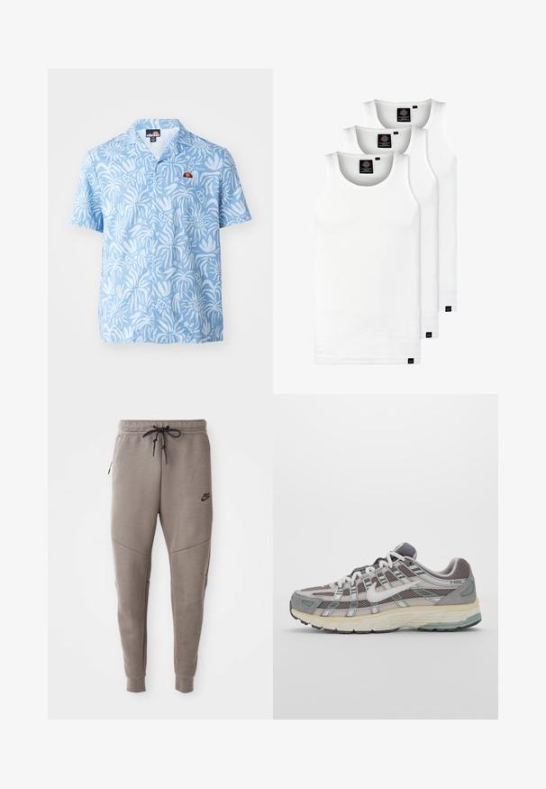 Világoskék, rövid ujjú ing, fehér absztrakt mintákkal, kis, színes logóval a mellrészén.; Három fehér csíkos pamut trikó. Felső része kerek nyakkivágású, és a szegély közelében kis fekete címkék találhatók. Több méretben elérhető.; Szürke Nike melegítőnadrág húzózsinórral a deréknál, keskeny lábakkal, oldalsó zsebekkel és jellegzetes varrás részletekkel. Puha, texturált anyag.; Szürke sportcipő, hálós és velúr felsőrésszel, fehér részletekkel, párnázott talppal és jellegzetes dizájnnal, amely visszaverő elemeket tartalmaz.