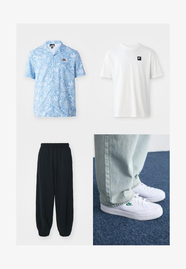 Šviesiai mėlyna trumpomis rankovėmis marškinėliai su baltais abstrakčiais raštais, su mažuoju daugiakulūnės spalvų logotipu ant krūtinės.; Balta medvilnės marškinėliai su trumpomis rankovėmis ir apvalia iškirpte; ant kairiojo krūtinės puikuojasi mažas juodas stačiakampis "Nike Air" logotipas.; Juodi, su elastiniu juosmeniu sportiniai kelnės su laisvu siluetu, suapvalintais kulkšnimis, lygia tekstūra ir be matomų raštų ar metalinių akcentų.; Balti odiniai sportbačiai su žaliu Nike logotipu, apvalia nosimi, plokščiu padu, derinami su šviesiai mėlynomis džinsinėmis kelnėmis, rodomi ant mėlynos kiliminės dangos.