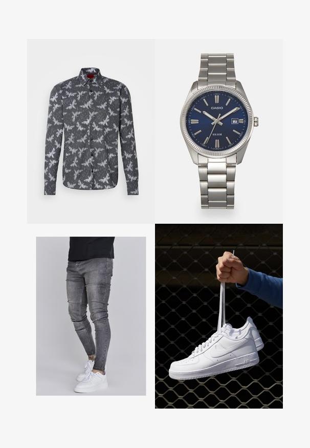 Črna in bela srajca na gumb z navpičnimi črtami in vzorcem, podoben ptici, z ovratnikom v obliki pika in dolgimi rokavi.; Oprijete jeans hlače iz izbledele sive denima, z obrabljenimi detajli na kolenih, v kombinaciji z belimi športnimi copati. Gladka tekstura, oblikovan slim fit dizajn.; Bela usnjena športna obutev s perforacijami, okroglo konico, ravnim podplatom in debelimi vezalkami, z vidnim logotipom smoosh in napisom "AIR" na peti.; Srebrna nerjaveča jeklena ura z modrim številčnico, kovinskimi kazalci ter oknom za datum na 3. uri. Vodoodporna do 50 metrov.