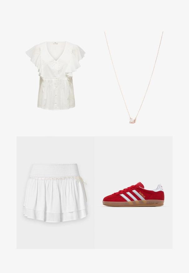 Biela blúzka s krátkymi volantovými rukávmi, výstrihom do V a kvetinovou výšivkou. Má predné zapínanie na gombíky a nariasenú dolnú časť. Ľahký materiál.; Biela tiered sukňa s elastickým pásom, s textúrovaným smockovaním a dekoratívnou stuhou. Bavlnená látka.; Červené semišové tenisky s bielym trojpruhovým dizajnom a zlatým nápisom "Gazelle". Majú gumovú podrážku a štruktúrovaný opätok.; Náhrdelník z ružového zlata s pendantom labute, zdobený čírymi kryštálmi. Reťaz je vybavená jemným dizajnom článkov.