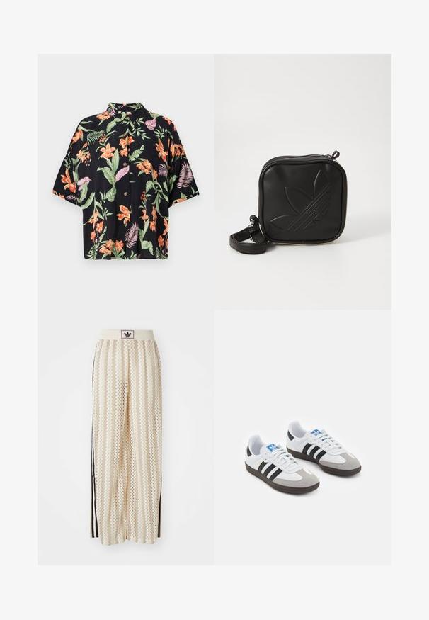 Korte mouw, zwart bloemenoverhemd met levendige oranje en paarse bloemen en groene bladeren. Bevat vijf knopen en een kraag.; Crème kleurige wijde broek met een zigzagpatroon, met een zwarte logo tailleband en zij zwarte strepen. Lichtgewicht, gestructureerde stof.; Sportschoenen met een witte leren bovenkant, grijze suède neus en drie zwarte strepen. Bevat een blauw logo op de tong en een gestructureerde rubberen zool.; Zwarte vierkante crossbody tas van gestructureerd synthetisch materiaal. Met een reliëflogo ontwerp en een verstelbare schouderband. Ritssluiting.