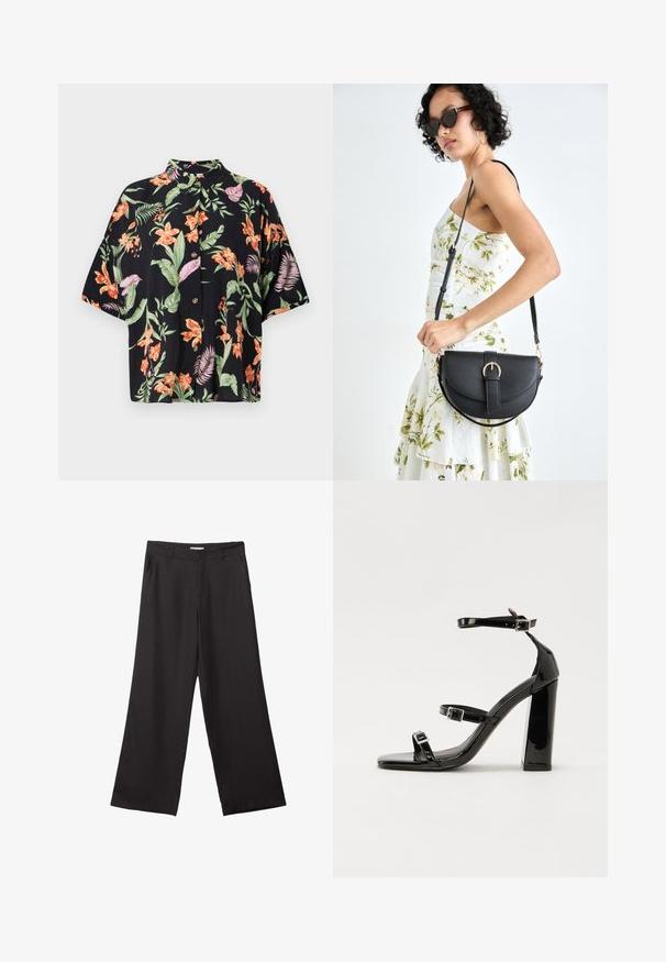 Lyhyet hihat, musta kukkapaidan, jossa on kirkkaat oranssit ja violetit kukat vihreine lehtineen. Siinä on viisi nappia ja kaulus.; Mustat leveälahkeiset housut, jotka on valmistettu sileästä kankaasta. Niissä on edessä vetoketju ja kaksi sivutaskua, ja niiden muotoilu on räätälöity ja minimalistinen.; Musta kiiltävä korkokenkä sandaalit neliönmuotoisella varpaalla, nilkkaremmillä ja hopeisilla soljilla. Varustettu tukevalla lohkokorkealla vakauden takaamiseksi.; Musta nahkainen käsilaukku, joka on kaareva muotoilultaan, irrotettavalla hihnalla ja kultaisilla yksityiskohdilla. Laukussa on läppä, jossa on solk yksityiskohta.