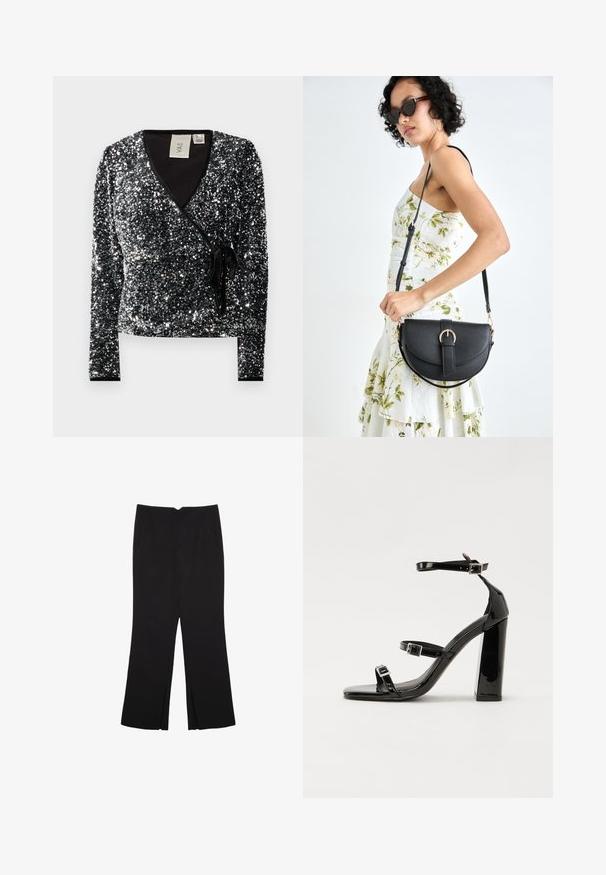 Top avvolgente nero con paillettes e maniche lunghe, caratterizzato da una scollatura a V e una vita legata. Il tessuto ha un sottopunto liscio e una texture lucida.; Pantaloni neri a gamba dritta, con tasche frontali e spacchi laterali all'orlo. Realizzati in tessuto morbido e liscio. Adatti a diverse occasioni.; Sandali con tacco in vernice nera, con punta squadrata, cinturini alla caviglia e fibbie in argento. Presentano un tacco a blocco spesso per maggiore stabilità.; Borsa a tracolla nera in pelle con una forma curva, manico rimovibile e accessori dorati. La borsa presenta una patta con un dettaglio a fibbia.