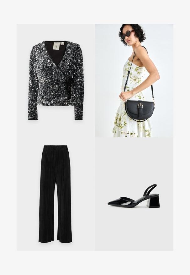 Černý wrap top s flitry a dlouhými rukávy, s V výstřihem a uvázaným pasem. Materiál má hladkou podšívku a lesklou texturu.; Černé plisované kalhoty s elastickým pasem. Mají široké nohavice a hladkou, strukturovanou tkaninu s vertikálními pruhy.; Černé lakované kožené lodičky na pásku s špičatou špičkou a geometrickým blokovým podpatkem. Vyznačují se elegantním, minimalistickým designem a hladkým povrchem.; Černá kožená kabelka s křivkovým tvarem, odnímatelným popruhem a zlatými detaily. Kabelka má klopu s přezkou.