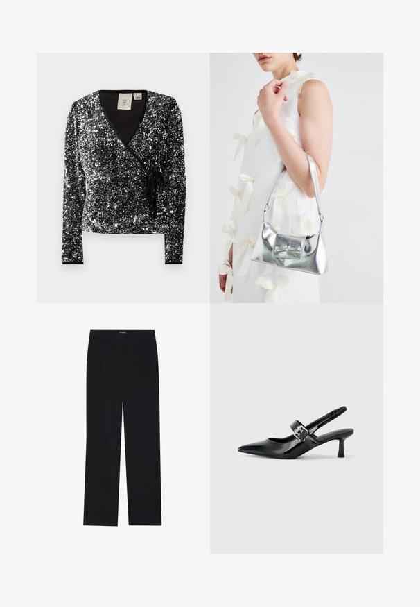 Schwarzes Pailletten-Wickeltop mit langen Ärmeln, V-Ausschnitt und gebundenem Bund. Der Stoff hat ein glattes Innenfutter und eine glänzende Textur.; Schwarze Corduroyhose mit geradem Schnitt, flachem Bund und ohne sichtbare Taschen, glatte Textur und vertikale Rippendetails.; Schwarze Lackleder Slingback-Absätze mit spitzem Zeh und kleinem Blockabsatz, ausgestattet mit einem silbernen Schnallenakzent am Riemen.; Silberne metallische Handtasche mit strukturierter Form, ausgestattet mit einem oberen Griff und einer Schleifenapplikation auf der Vorderseite. Glatte Textur, reflektierendes Finish.