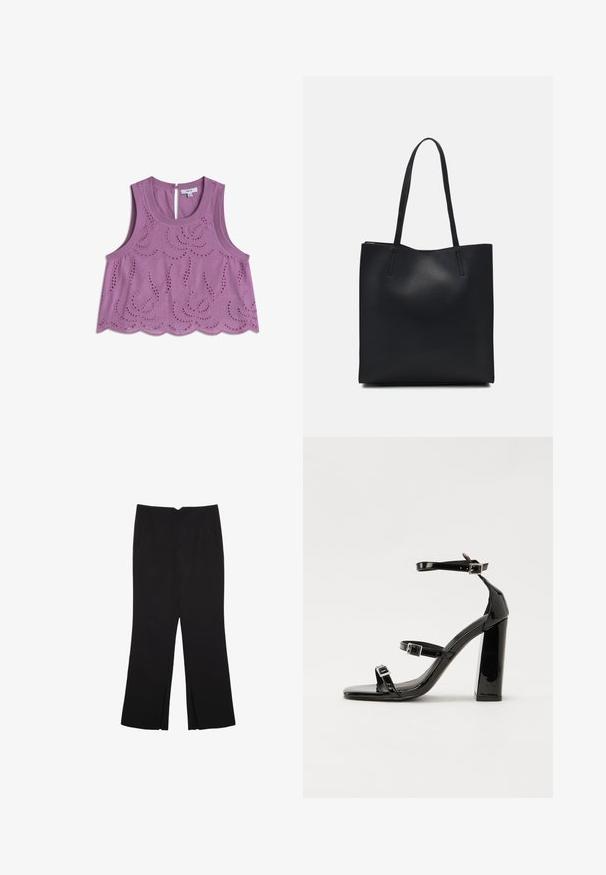 Světle fialový zkrácený top s volnými rukávy, který obsahuje dekorativní detaily s očky a uzavírání na klíčovou dírku na zadní straně. Měkký bavlněný materiál.; Černé kalhoty s rovným střihem, s předními kapsami a bočními rozparky na lemu. Vyrobené z jemné, hladké tkaniny. Vhodné na různé příležitosti.; Černé lakované sandály na podpatku se čtveratou špičkou, lýtkovými pásky a stříbrnými přezkami. Disponují masivním blokovým podpatkem pro stabilitu.; Černá kožená taška přes rameno s hladkým povrchem, obdélníkovým tvarem a dvěma dlouhými uchy. Žádné viditelné kování ani ozdoby.